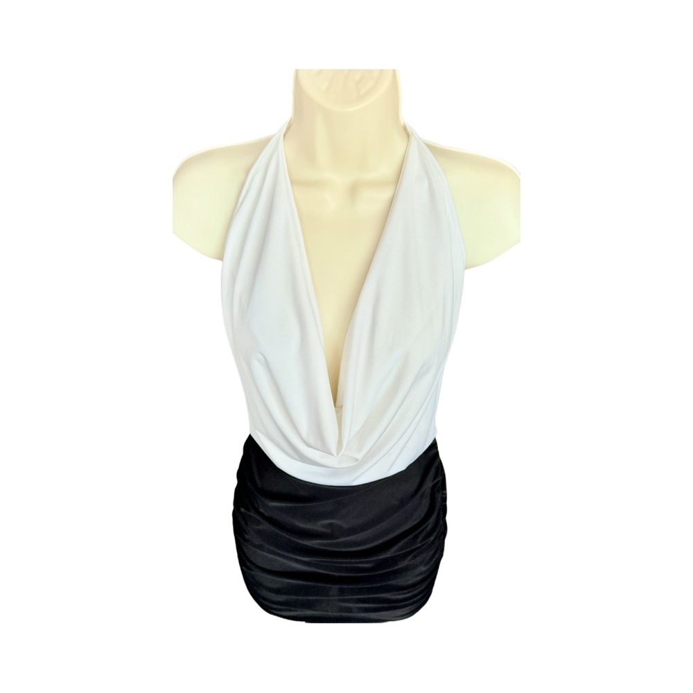 Roma Two Tone Low Cowl Neck Ruched Halter Mini Dress, Black and White, Size S/M - Picture 6 of 12